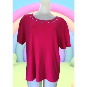 Vintage 1990s Bright Fuchsia Pink T-Shirt, Floral Embroidery, Beads, Medium